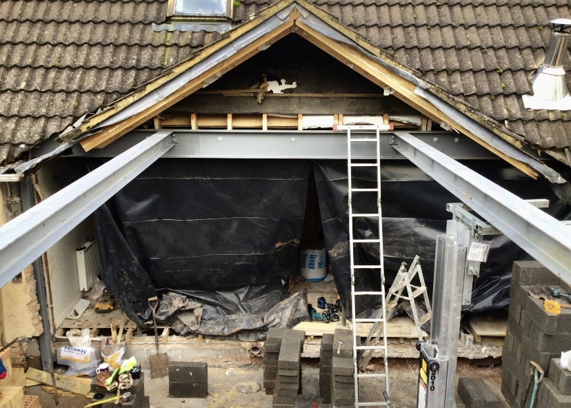 Roof opened up and propped during a structural alteration