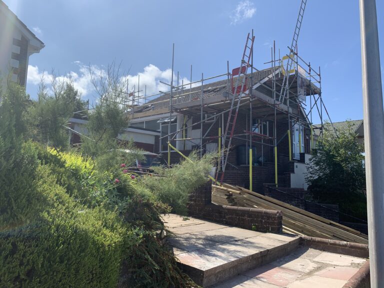 Two-storey addition under construction, seen from the garden