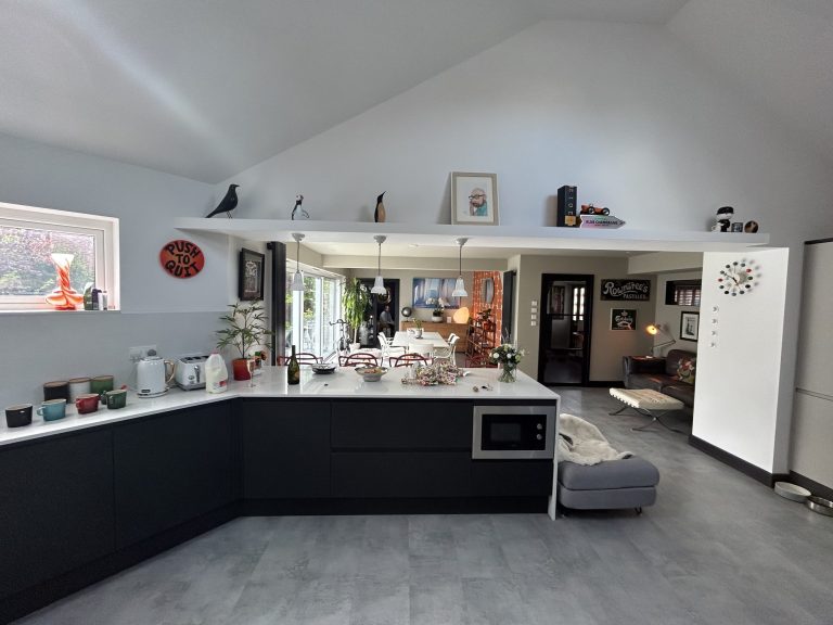 Open-plan kitchen and family room under a vaulted ceiling